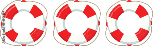 Red and white lifebuoys with brown ropes on white background life preserver rescue ring nautical