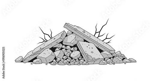 A large pile of broken concrete rubble and debris with exposed rebar or branches is stacked on a white background.