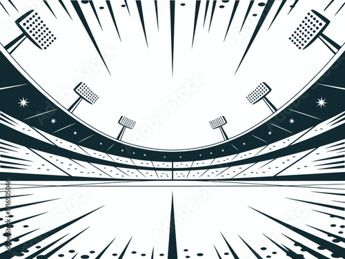 Empty sports stadium with floodlights and dynamic motion lines.