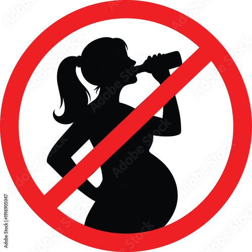 Pregnant woman drinking from bottle prohibited sign no drinking prohibition sign red circle black silhouette