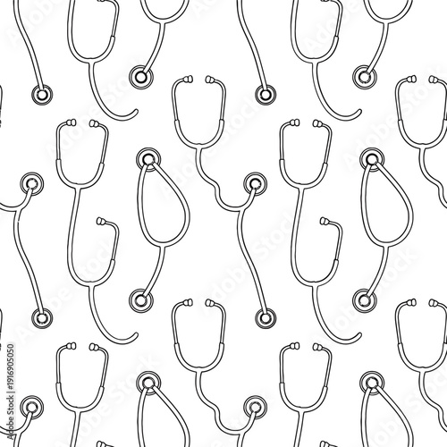 Seamless pattern of black and white stethoscopes on a white background