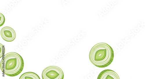 Several green and white sliced leek or onion rings are clustered in the lower left corner of a white background.