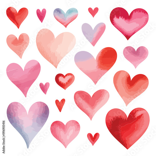 Watercolor hearts in varying shades of pink red and purple