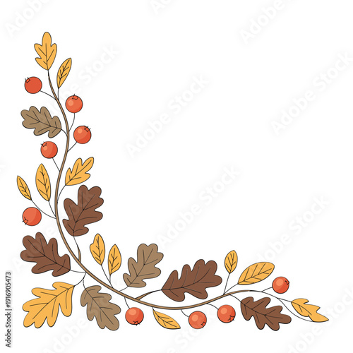 Autumnal corner arrangement featuring oak leaves and vibrant red berries