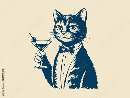 A sophisticated cat in a tuxedo holding a martini glass.
