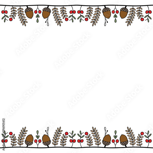 Festive border featuring fall acorns berries and stylized foliage