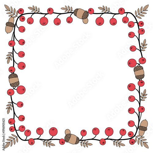 Autumnal frame featuring red berries acorns and delicate foliage