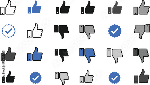 Social media like dislike in various colors and styles thumbs up thumbs down social media checkmark