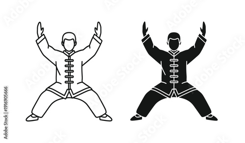 Vector illustration of two martial arts practitioners in dynamic poses with raised arms and legs apart in uniform