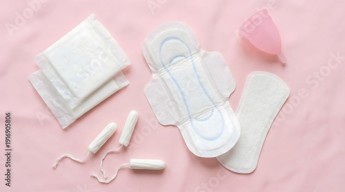 Assortment of Menstrual Products Sanitary Pads Tampons and Menstrual Cup on Pink Fabric