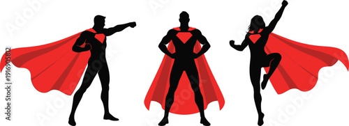 Three superheroes in black and red poses black silhouettes red capes comic book style superhero poses