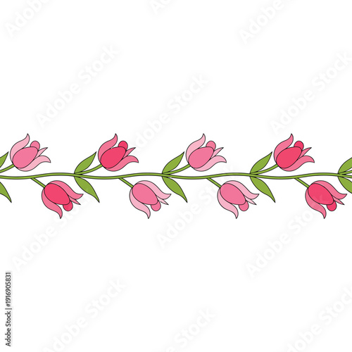 A seamless border featuring delicate pink tulips and vibrant green leaves