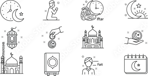 Ramadhan Kareem Islamic Celebration Icon Set A collection of essential line art symbols representing holy month traditions and cultural practices for fasting, prayer, and community