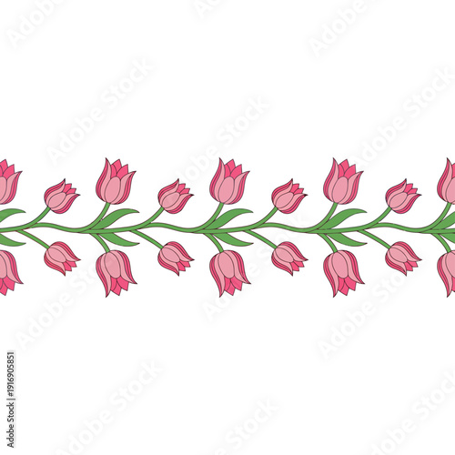 A seamless repeating pattern of pink tulip flowers and green stems