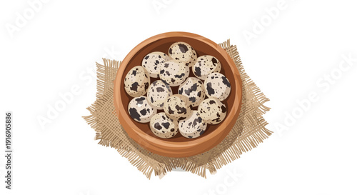 Overhead view of a wooden bowl filled with speckled quail eggs resting on burlap cloth.