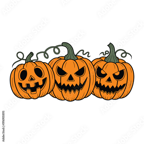 Three orange jack o lanterns with carved faces displayed in a row