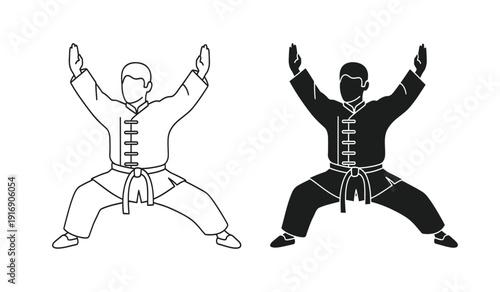 Vector illustration of two martial arts practitioners in dynamic poses with black and white line art