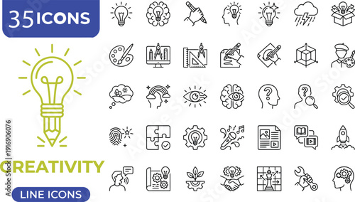 Creativity and Innovation Line Icon Set – 35 Minimalist Vector Symbols for Brainstorming, Graphic Design, Idea Generation, and Creative Problem Solving