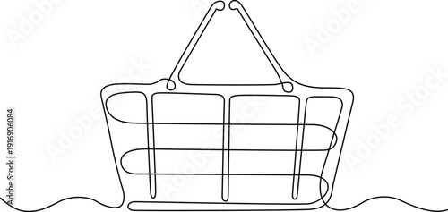 A stylized line drawing of a shopping basket with a handle and waves beneath. Vector