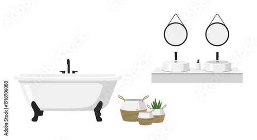 Minimalist bathroom design elements including a clawfoot bathtub, two vessel sinks with mirrors, and three decorative baskets with plants.