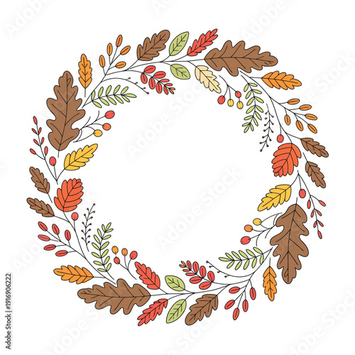 A colorful autumnal wreath composed of various leaves and berries