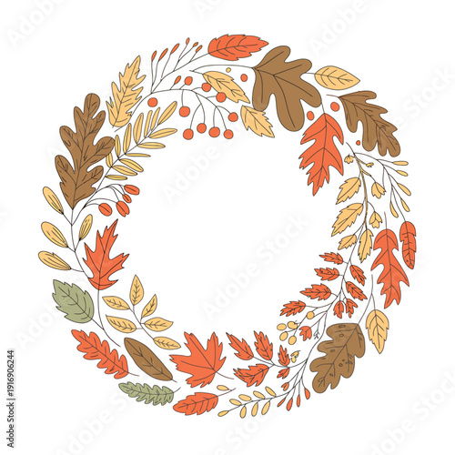 Autumn wreath featuring colorful leaves berries and branches