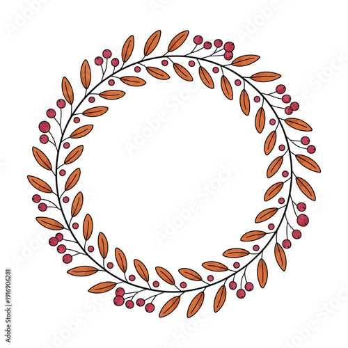A circular wreath composed of autumn leaves and vibrant red berries