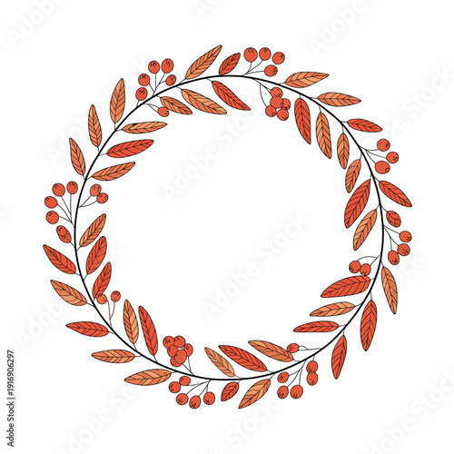 Watercolor wreath of orange red berries and leaf botanical illustration