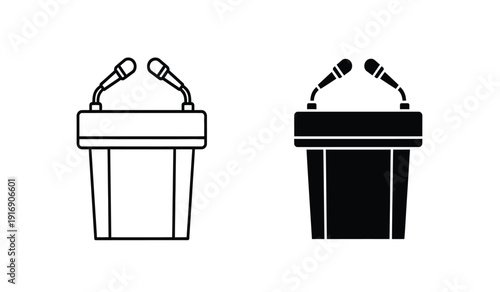 Two podiums with microphones on top for public speaking events and presentations in a simple line art style