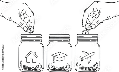 Three glass jars with nature elements and house icons for savings concept