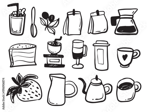 Hand drawn vector coffee set including cups, pots, and coffee-related items. Features various coffee drinks and accessories in a simple, artistic style.