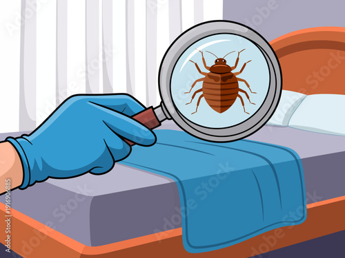 Inspection for Bed Bugs in a Bedroom with a Magnifying Glass.