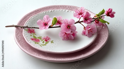 A pink plate with a flower on it. The plate is on a white table. The flower is pink and has a stem