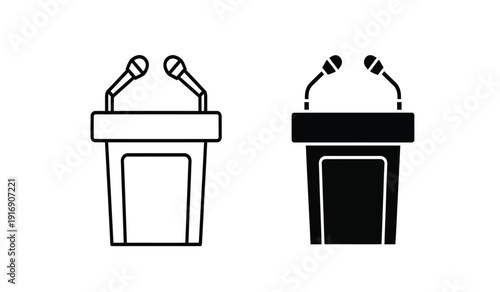 Two podiums with microphones in black and white line art style for presentations or speeches