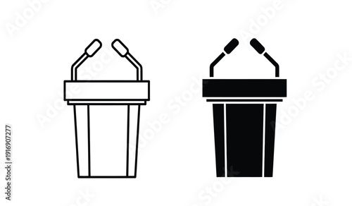 Two podiums with microphones in black and white line art style for presentations or speeches