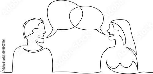 Two people engaged in a conversation with speech bubbles above their heads Vector