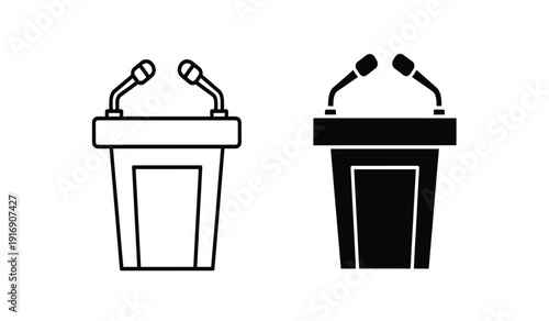 Two podiums with microphones on top for public speaking events in black and white