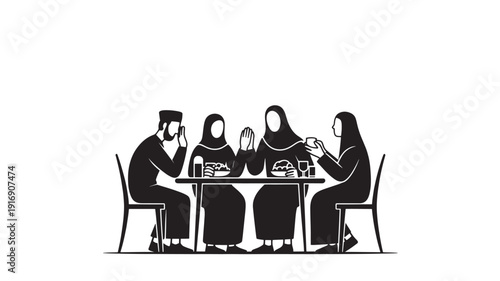 Muslim Family Having Meal Together at Table, Simple Line Art Illustration
