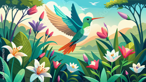 Very beautiful panoramic scene of a hummingbird hovering beside blooming lily flowers, delicate wings beating rapidly while soft garden light enhances the tranquil botanical composition.