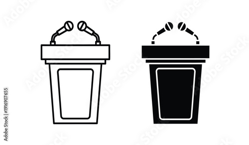 Two podium icons with microphones in black and white line art style for presentations and speeches