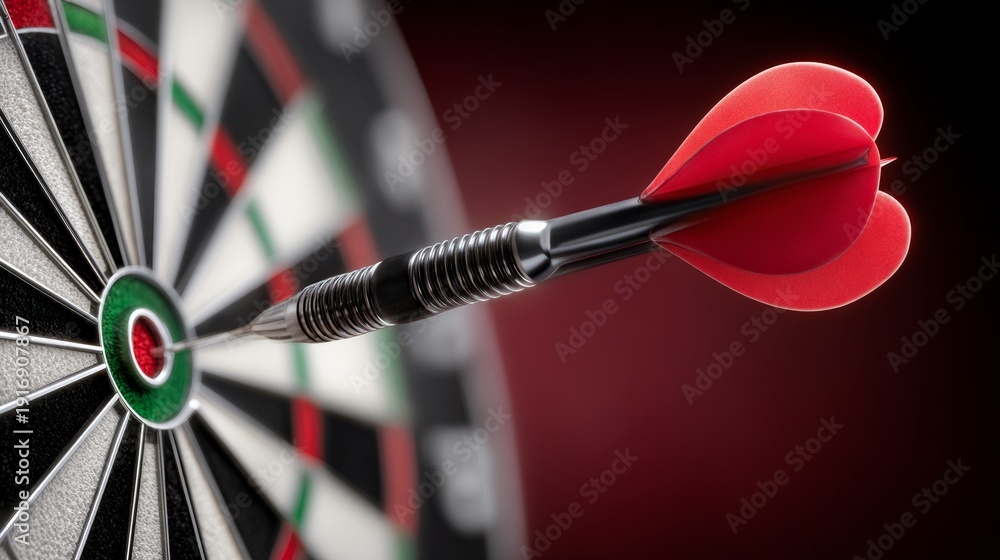 Obraz premium A red dart is flying towards a target. Concept of excitement and anticipation as the player aims to hit the bullseye