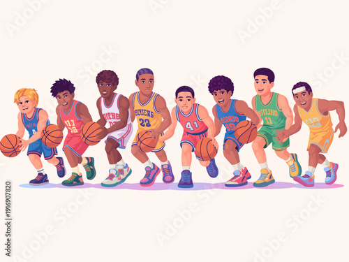 Group of young men playing basketball together in a competitive game.