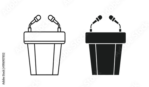 Two podiums with microphones in black and white line art style for presentations or speeches