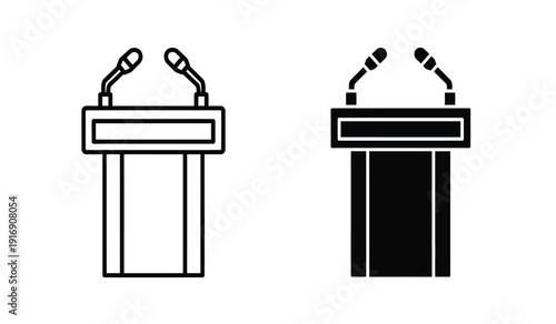 Two lectern podium with microphones on top for speakers or presenters in black and white line art style