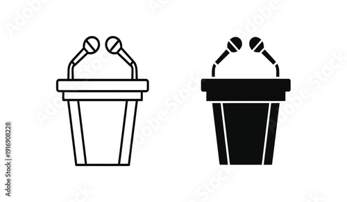 Vector illustration of two podium icons with microphones on top in black and white line art style for presentations and public speaking events
