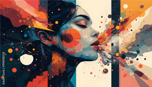 Abstract grunge graffiti wall with a dancing woman silhouette and floral patterns in a vibrant night city party style