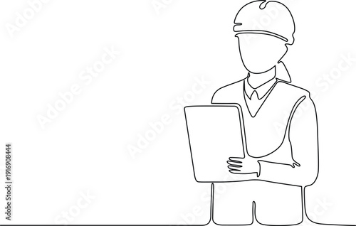 A person wearing a hard hat and safety vest holding a laptop and clipboard Vector