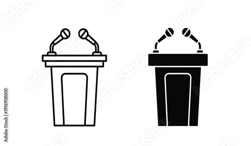 Two podiums with microphones in black and white line art style for presentations or speeches
