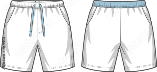 Technical fashion flat sketch of athletic shorts with elastic waistband and drawstring, minimalist sportswear design, front and back views template