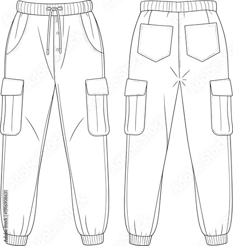 Technical fashion flat sketch of cargo jogger pants with elastic waistband, drawstring closure, utility pockets, tapered cuffs, front and back views template